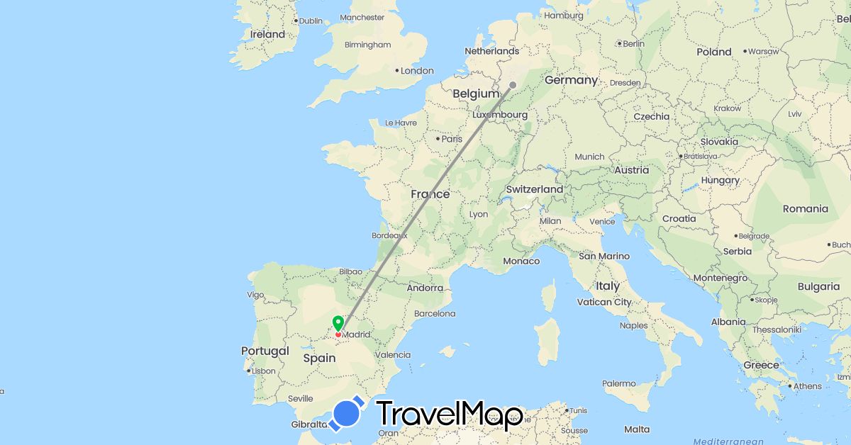 TravelMap itinerary: driving, bus, plane, train, hiking in Germany, Spain (Europe)
